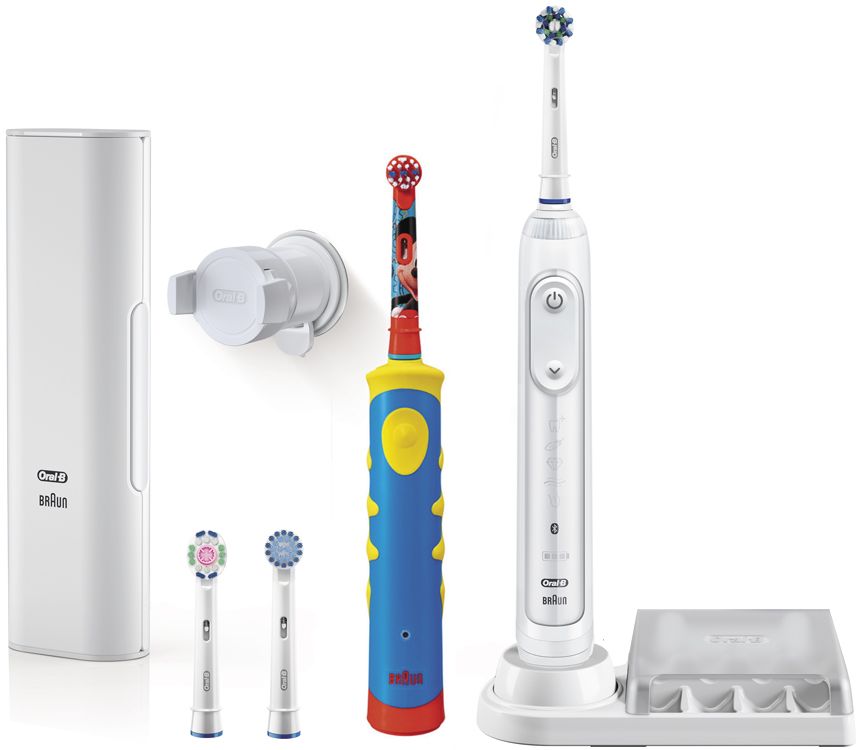 Oral-B Genius 8200 набор электрических зубных щеток81606316 Oral-B Genius 8200 набор электрических зубных щеток81606316Набор электрических зубных щеток Oral-B Genius 8200 включает взрослую электрическую зубную щетку Oral-B D701 с датчиком определения зоны чистки и детскую зубную щетку Oral-B D10K со встроенным музыкальным таймером. Электрические зубные щетки Oral-B чистят зубы именно так, как рекомендуют стоматологи. Они не только удаляют до 100% больше зубного налета, чем мануальные зубные щетки, но и улучшают здоровье десен. Oral-B Genius через Bluetooth синхронизируется с бесплатным приложением Oral-B App для iOS и Android, контролируя в режиме реального времени процесс чистки зубов. Датчик определения зоны чистки взаимодействует с фронтальной камерой смартфона и помогает равномерно очистить всю полость рта. Имеется 5 режимов чистки зубов – Ежедневная чистка, Уход за деснами, Для чувствительных зубов, Отбеливание, Профессиональная чистка. Детские электрические зубные щетки обеспечивают превосходную гигиену полости рта с учетом особенностей ...
