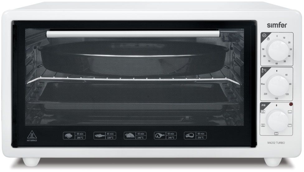 Simfer M4290 мини-печьM4290 Simfer M4290 мини-печьM4290Simfer M4290 - компактная духовка с внутренним объемом 42 литров. Идеально подходит как для деликатного приготовления пищи, так и для приготовления блюд с хрустящей корочкой. Оснащена механическим таймером и тремя режимами нагрева. Легко очищается, комплектуется решеткой для гриля и противнем для выпекания.