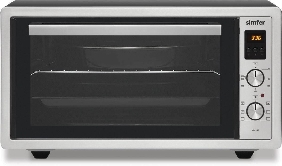 Simfer M4597 мини-печьM4597 Simfer M4597 мини-печьM4597Simfer M4597 - компактная духовка с внутренним объемом 45 литров. Идеально подходит как для деликатного приготовления пищи, так и для приготовления блюд с хрустящей корочкой. Оснащена цифровым таймером и шестью режимами нагрева. Легко очищается, комплектуется решеткой для гриля и противнем для выпекания.