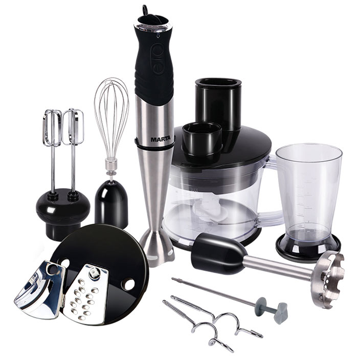Marta MT-1587, Black Chrome кухонный процессорMT-1587 Marta MT-1587, Black Chrome кухонный процессорMT-1587Кухонный процессор Marta MT-1587 повышенной мощности c плавной регулировкой скорости имеет в комплекте 10 разных насадок. Мультифункциональность 9 в 1: заменяет следующие кухонные приборы: Кухонный комбайн Миксер Мясорубку Измельчитель Капучинатор Пресс для картофеля Терку Шинковку Корпус кухонного процессора имеет силиконовое покрытие soft touch, его приятно держать в руке, а благодаря высокой мощности он отлично взбивает и измельчает любые продукты. Благодаря высокой мощности блендер отлично взбивает и измельчает все необходимые продукты. Marta MT-1587 идеален для праздников или большой семьи. Прибор позволяет получить большое количество продукта за один цикл измельчения и обеспечивает удобный контроль и точный подбор скорости вращения насадок. Кухонный процессор позволяет добиться идеальной степени измельчения для любого продукта.