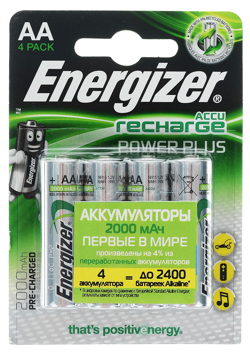 Аккумулятор Energizer Rech Power Plus, тип AA, 2000 mAh, 1,2V, 4 штE300324000/638622/635178/632976 Аккумулятор Energizer Rech Power Plus, тип AA, 2000 mAh, 1,2V, 4 штE300324000/638622/635178/632976Аккумуляторы Energizer Rech Power Plus – это комплект универсальных аккумуляторов для постоянной работы во всех часто используемых устройствах. Особенности аккумуляторов Energizer Rech Power Plus: - Аккумуляторы предварительно заряжены. - 4 аккумулятора типоразмера АА заменяют до 2400 обычных щелочных батареек. - Длительный срок службы – до 225 цифровых фотографий с одной зарядки при использовании аккумуляторов типоразмера AA. - Аккумуляторы выдерживают 700 циклов заряда, основано на стандартах МЭК. - Работают при температуре от 0 °С до +50 °С. Размер аккумулятора: 5 х 1,5 см.
