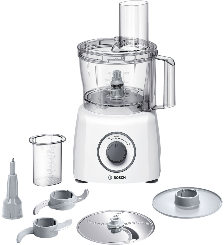 Bosch MCM3100W кухонный комбайнMCM3100W Bosch MCM3100W кухонный комбайнMCM3100WBosch MCM3100W - компактный и многофункциональный кухонный помощник при приготовлении еды и выпечки. Компактный кухонный комбайн с вертикальной конструкцией не занимает много места, что делает его особенно хорошим выбором для обладателей небольшой кухни. Отличные результаты за короткое время обеспечиваются благодаря мощному мотору 800 Ватт, 2 скоростям и дополнительному импульсному режиму. В комплект входят насадки, позволяющие шинковать, тереть и измельчать продукты, а также насадки для взбивания. Комбайн комплектуется удобной чашей, ёмкость которой составляет 2,3 литра. К кухонному комбайну также прилагается простой толкатель, с помощью которого владельцу особенно удобно будет измельчать овощи и другие продукты.