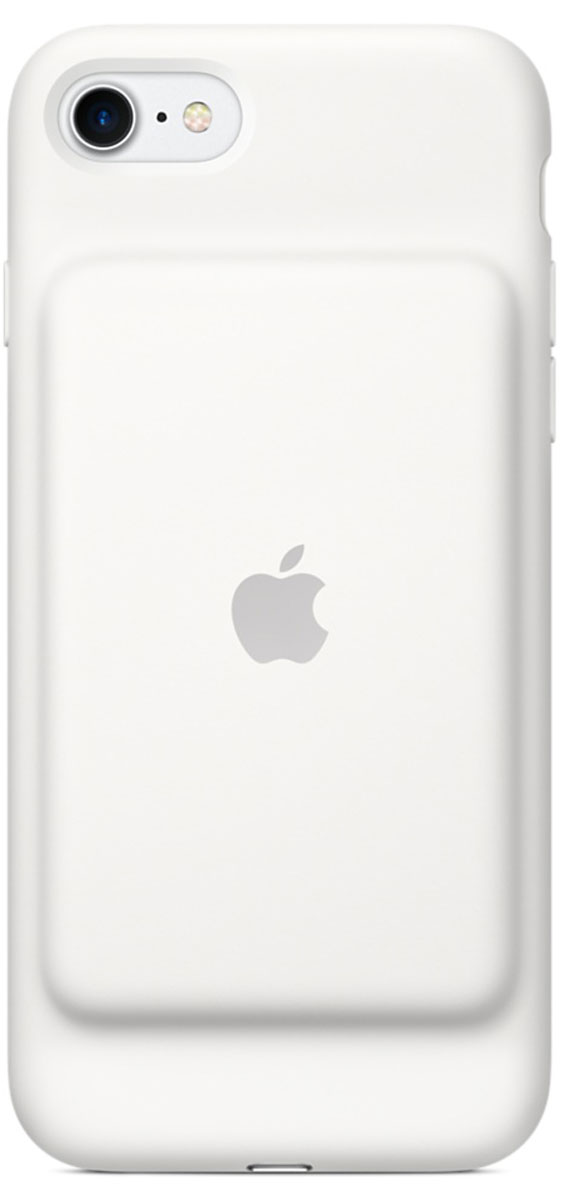Apple Smart Battery Case чехол для iPhone 7, WhiteMN012ZM/A Apple Smart Battery Case чехол для iPhone 7, WhiteMN012ZM/AЧехол Smart Battery Case разработан специально для увеличения заряда аккумулятора и защиты iPhone 7. Мягкая подкладка из микроволокна защищает корпус iPhone, а его внешняя силиконовая поверхность очень приятна на ощупь. Чехол сделан из мягкого эластомерного материала, поэтому его легко надевать и снимать. Одновременно заряжая iPhone и чехол с аккумулятором, вы получите возможность говорить по телефону до 26 часов, работать в интернете через LTE до 22 часов и ещё дольше слушать музыку и смотреть видео. Когда iPhone находится в чехле Smart Battery Case, на экране блокировки и в Центре уведомлений отображается индикатор аккумулятора с точными данными об остатке заряда. Чехол поддерживает аксессуары с разъёмом Lightning, например кабель Lightning/USB (входит в комплект поставки iPhone). Его также можно использовать с док-станцией для iPhone с разъёмом Lightning (продаётся отдельно).