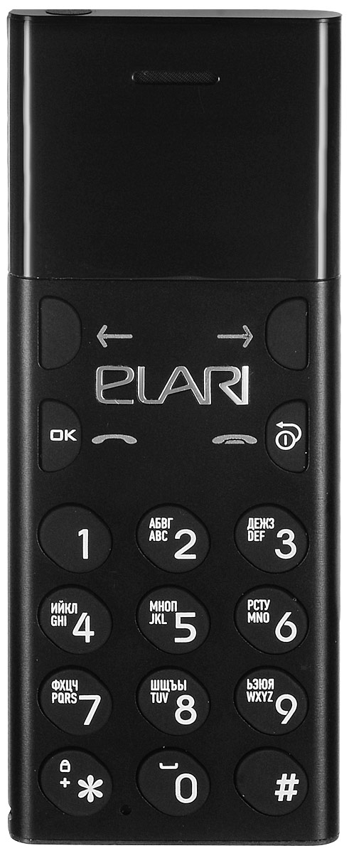 Elari NanoPhone, BlackNP1 black Elari NanoPhone, BlackNP1 blackElari NanoPhone - суперкомпактный дизайнерский телефон с Bluetooth-синхронизацией и МР3-плеером. Дизайнерский антисмартфон от Elari – идеальный второй или основной телефон, который позволит насладиться моментами вдали от сети. Во время путешествий установите местную SIM-карту с Интернетом в ваш смартфон, а домашнюю – в NanoPhone – и вы экипированы! Самый маленький в мире GSM-телефон! Голосовые звонки и SMS через собственную microSIM (GSM 850/900/1800/1900) Bluetooth-синхронизация с вашим смартфоном (контакты, входящие/исходящие звонки) Прослушивание музыки через MP3-плеер с SD-карты (до 32 ГБ) через встроенный динамик, наушники или Bluetooth-колонку Высококачественный алюминиевый корпус, силиконовая клавиатура, яркий OLED-дисплей Вибро и авиарежимы Телефон сертифицирован EAC и имеет русифицированную клавиатуру, меню и Руководство пользователя.