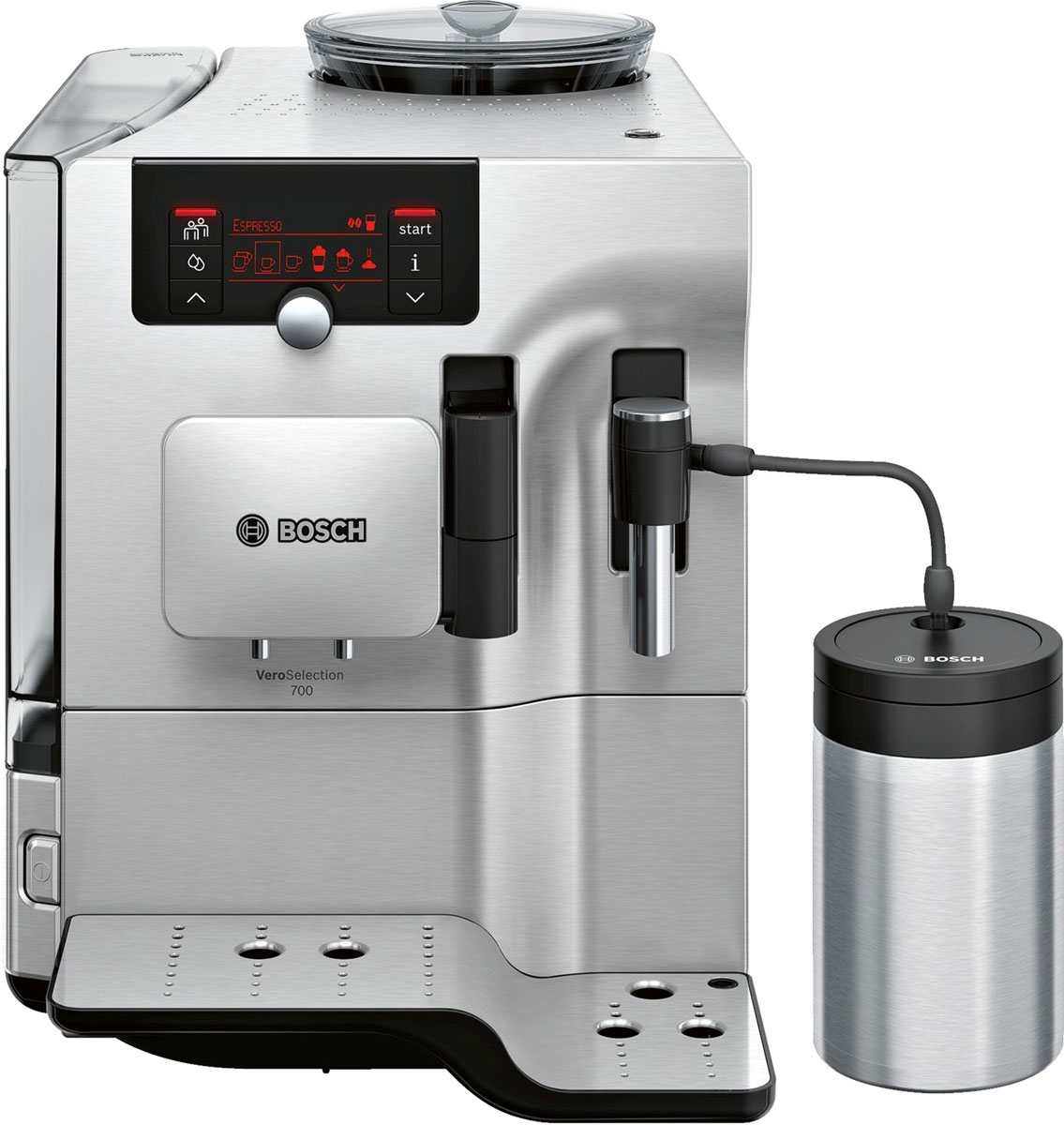 Bosch TES80721RW кофемашинаTES80721RW Bosch TES80721RW кофемашинаTES80721RWКофемашина Bosch TES80721RW создана для тех, кто любит наслаждаться кофейными напитками как можно дольше. Bosch предлагает специальную функции очистки кофемашины от накипи и масел. Просто активируйте функцию CalcnClean, используя специальные средства по уходу и чистке кофемашин. CreamCleaner - программа, позволяющая быстро и удобно очистить капучинатор от остатков молока. Достаточно нажать на кнопку и процесс очистки начнется автоматически. В автоматическом капучинаторе происходит смешивание горячего пара, подающегося под высоким давлением, и молока, поступающего по трубке из отдельной ёмкости. В результате чего получается молочная пенка. Большой выбор напитков и комфорт при приготовлении. Функция OneTouch для приготовления кофейных напитков одним нажатием кнопки и PersonalCoffee Pro для сохранения индивидуальных настроек.