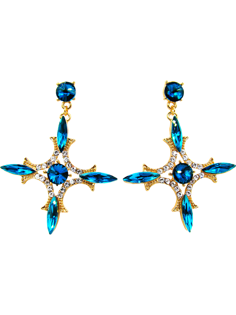 Серьги Taya, цвет: золотистый, синий. T-B-10042-EARR-GL.BLUET-B-10042-EARR-GL.BLUE Серьги Taya, цвет: золотистый, синий. T-B-10042-EARR-GL.BLUET-B-10042-EARR-GL.BLUEСерьги-гвоздики с заглушкой металл-пластик. Серьги с крупными нежно-голубыми кристаллами, направленными на четыре стороны света: север, юг, запад, восток. Размеры: длина серьги 5.6 см, ширина 4,5 см.