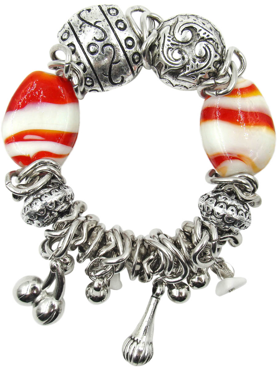 Браслет Taya, цвет: красный, белый. T-B-10338-BRAC-REDT-B-10338-BRAC-RED Браслет Taya, цвет: красный, белый. T-B-10338-BRAC-REDT-B-10338-BRAC-REDБраслет в стиле бохо с подвесками-шармами в виде гирек, шариков и вишенок. Выделяются два крупных стеклянных объемных красных камня с вкраплениями кипельно-белых вставок.
