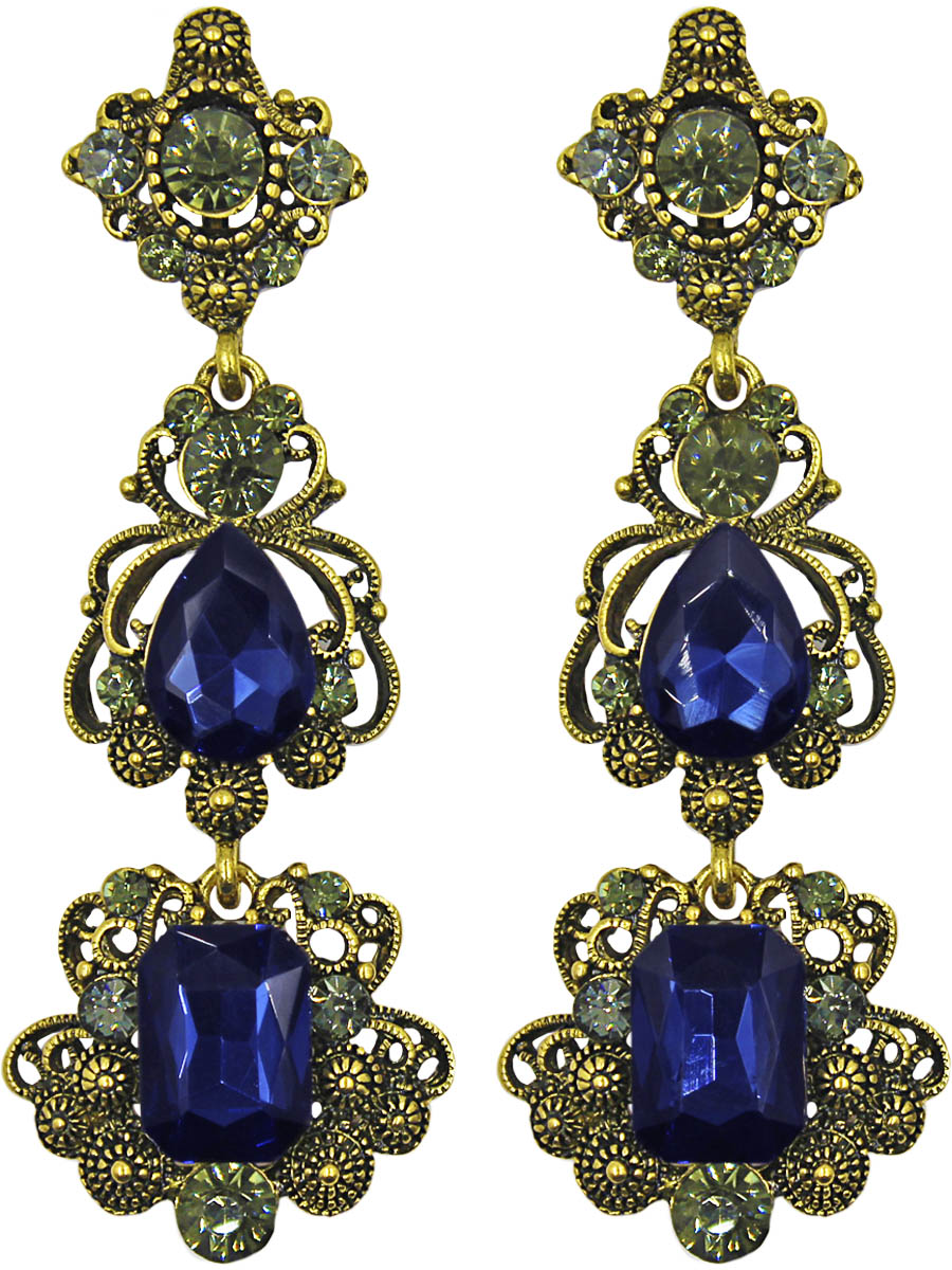 Серьги Taya, цвет: золотистый, темно-синий. T-B-10960-EARR-GL.D.BLUET-B-10960-EARR-GL.D.BLUE Серьги Taya, цвет: золотистый, темно-синий. T-B-10960-EARR-GL.D.BLUET-B-10960-EARR-GL.D.BLUEСерьги с английским замком. Трехъярусные серьги: верхняя часть в форме креста с серо-зелеными стразами, средняя с каплевидным кристаллом, нижняя с прямоугольным. Металл сделан в технике филиграни, которая применяется для свивания сложных кружевных узоров Размеры: длина серьги 7,5 см, максимальная ширина 2,5 см.