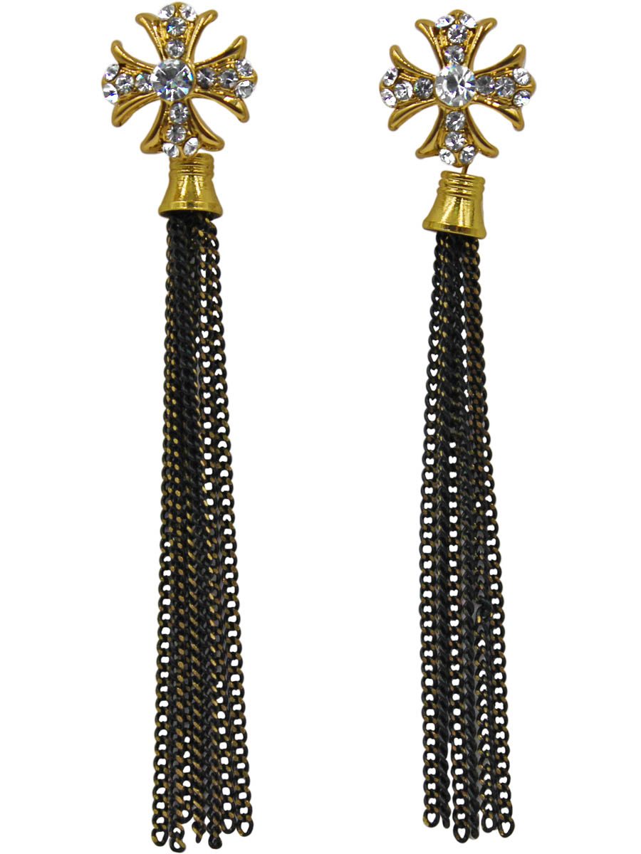 Серьги Taya, цвет: золотистый, черный. T-B-11298-EARR-GL.BLACKT-B-11298-EARR-GL.BLACK Серьги Taya, цвет: золотистый, черный. T-B-11298-EARR-GL.BLACKT-B-11298-EARR-GL.BLACKСерьги-гвоздики с заглушкой металл-пластик изготовлены из гипоаллергенного бижутерного сплава. Сережки представляют собой крестоообразную фигуру со свисающими длинными черно-золотыми цепочками.