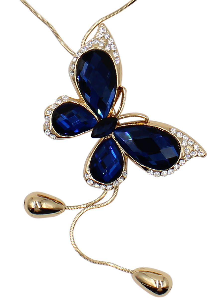 Колье Taya, цвет: золотистый, темно-синий. T-B-12510-NECK-GL.D.BLUET-B-12510-NECK-GL.D.BLUE Колье Taya, цвет: золотистый, темно-синий. T-B-12510-NECK-GL.D.BLUET-B-12510-NECK-GL.D.BLUEКруглая цепь пропущена наискосок через два крыла изумительной бабочки. На концах цепи овальные гирьки. Крылья насекомого украшены синими-синими кристаллами. Бабочка объемная, ее толщина около 0,6 см. Размеры: длина 90 см, подвеска 5,0 х 3,5 см