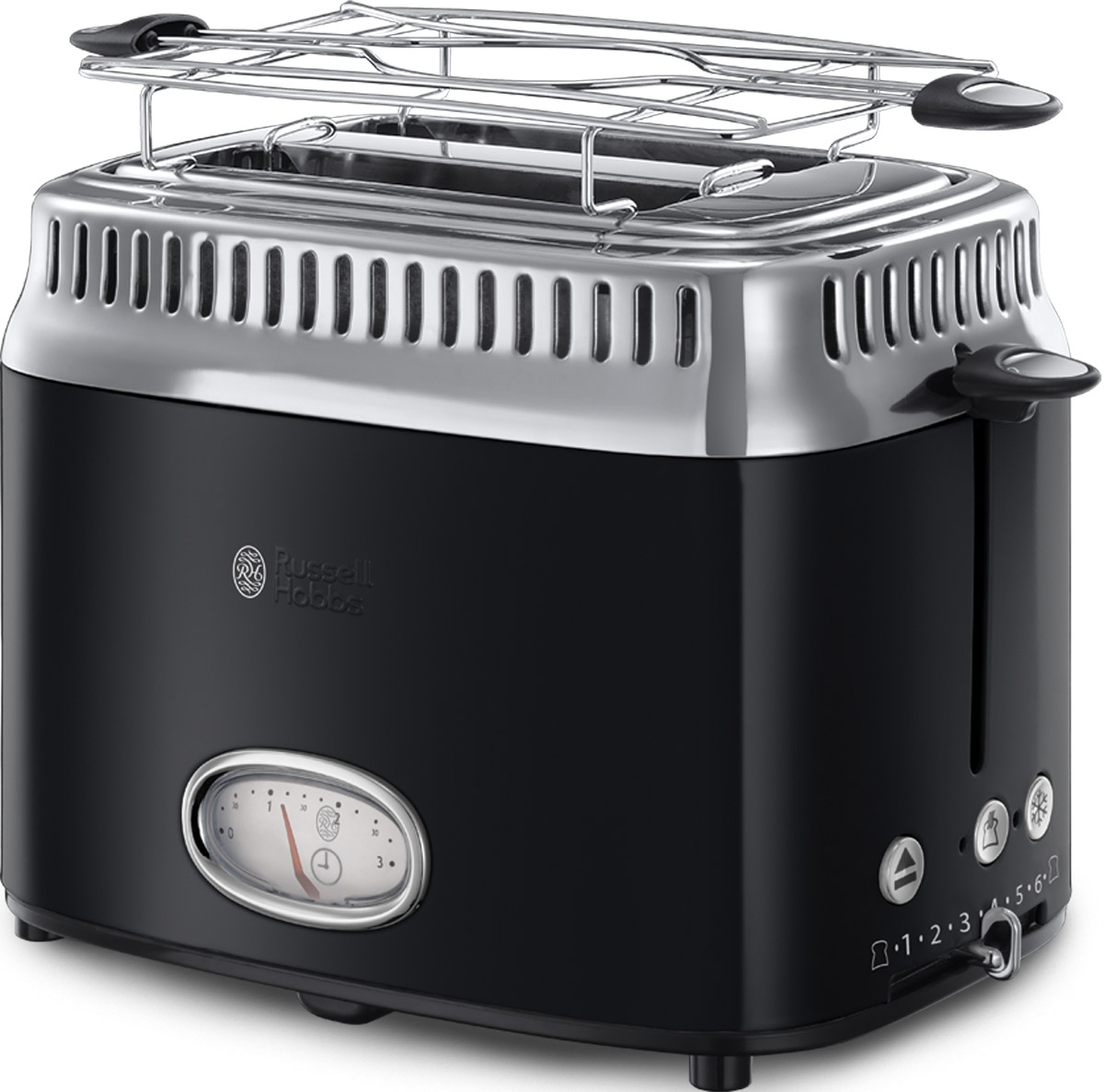 Russell Hobbs Retro, Сlassic Noir тостер21681-56 Russell Hobbs Retro, Сlassic Noir тостер21681-56Новинка сезона Осень-Зима 2016 года, тостер Russell Hobbs Retro входит в коллекцию приборов для Завтраков Retro, которая включает в себя еще и Чайник и Кофеварку. Если вы любите тосты, эта привлекательная модель тостера предоставит вам такое удовольствие в полной мере. Предпочитаете слегка подогретый хлеб или тосты с поджаристой хрустящей корочкой? Выберите нужную степень поджарки тостов и наслаждайтесь результатом. Стильная винтажная шкала обратного отсчета времени приготовления наглядно отображает время до готовности тостов. Хороший завтрак это начало хорошего дня, но времени на завтрак всегда критично мало. Понимая это, Russell Hobbs оснастил новые тостеры Retro технологией быстрого приготовления, которая сбережет ценные минуты с утра. Функция lift and look позволяет проверить готовность тостов, не прерывая процесс приготовления. В комплект к тостеру входит удобная решеточка для подогрева круассанов, бейглов и сэндвичей, а выдвижной лоток...