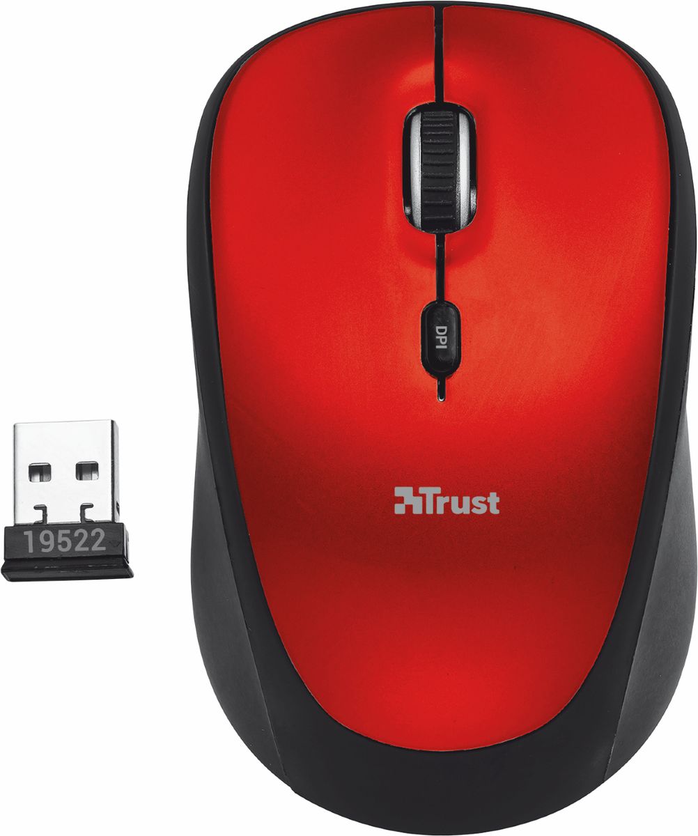 Trust Yvi Wireless Mouse, Black Red мышь19522 Trust Yvi Wireless Mouse, Black Red мышь19522Миниатюрная беспроводная оптическая мышь Trust Yvi непременно подойдет любому пользователю ПК. Радиус действия беспроводной связи составляет 8 метров, что обеспечивает большую свободу действий. Оптический сенсор с разрешением 800/1600 dpi обеспечивает максимально точное позиционирование курсора. Благодаря симметричной форме эта мышка подходит как правшам, так и левшам. Миниатюрный микроприемник можно хранить в корпусе мыши.