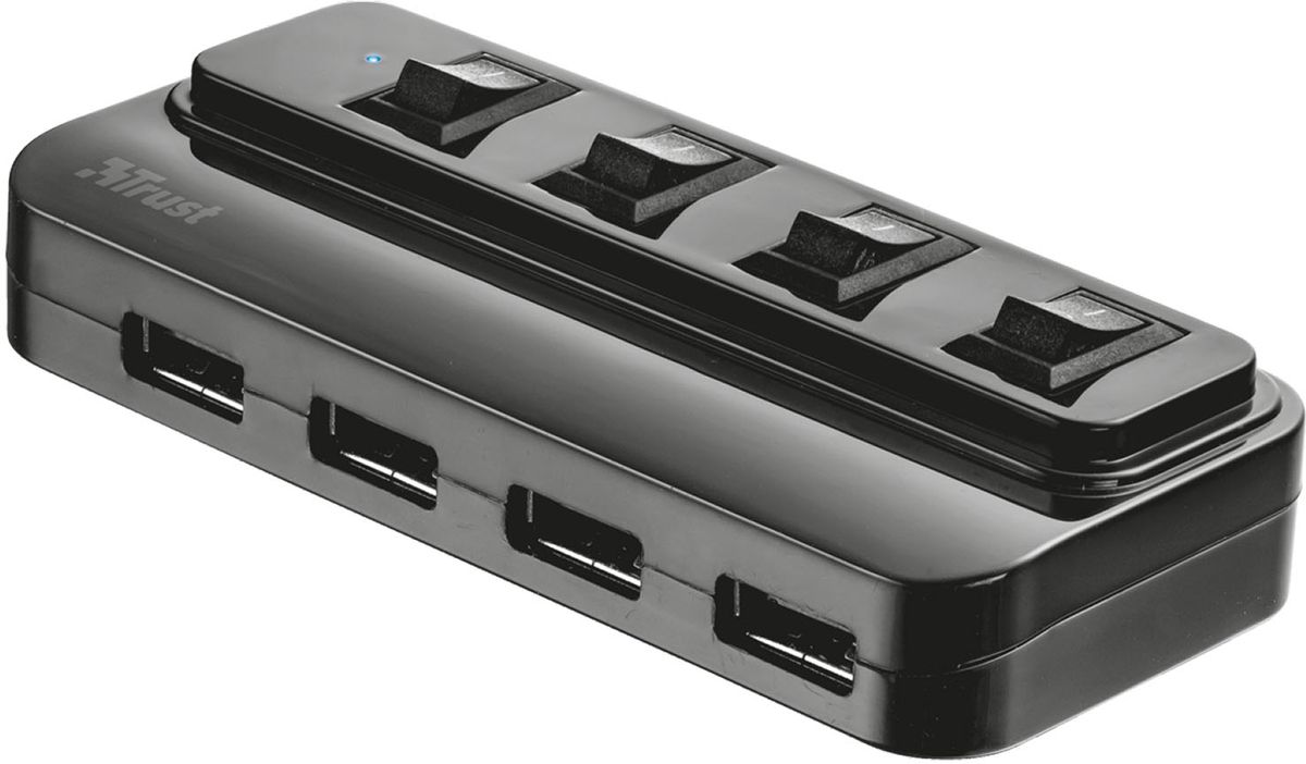 Trust 4 Port USB 2.0 Hub, Black USB-разветвитель20619 Trust 4 Port USB 2.0 Hub, Black USB-разветвитель20619Компактный 4-портовый концентратор USB 2.0 с выключателями для обеспечения безопасности информации и учетных данных в Интернете. Короткий кабель USB с возможностью крепления на корпусе концентратора.
