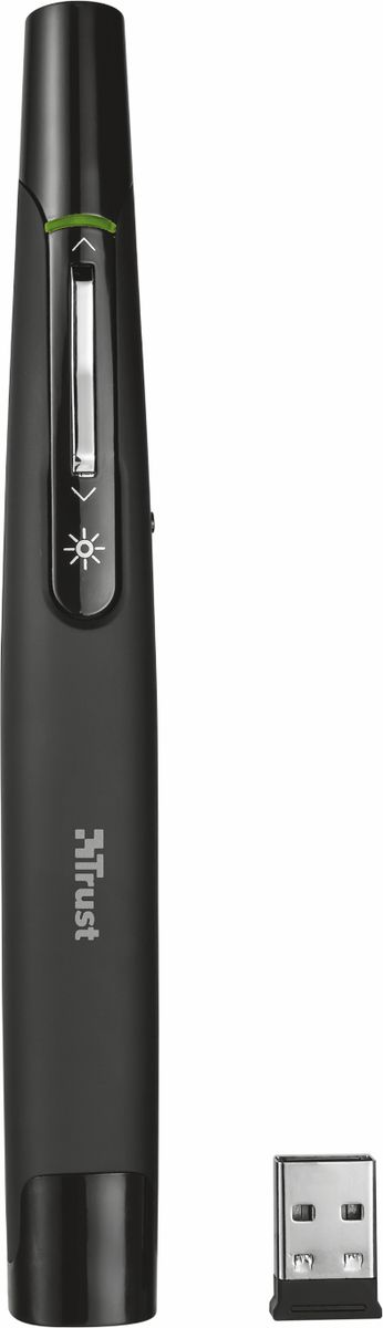 Trust Puntero Wireless Laser Presenter, Black пульт для презентаций20430 Trust Puntero Wireless Laser Presenter, Black пульт для презентаций20430Стильная беспроводная указка Trust Puntero Wireless Laser Presenter для управления презентациями с лучом красного цвета. Позволяет осуществлять переход к следующему или предыдущему слайду. Устройство работает на частоте 2,4 ГГц, что позволяет оценить свободу перемещений и возможность более плотной работы с аудиторией, усиливающие впечатление от презентации. После работы беспроводной приемник можно убрать внутрь корпуса устройства.