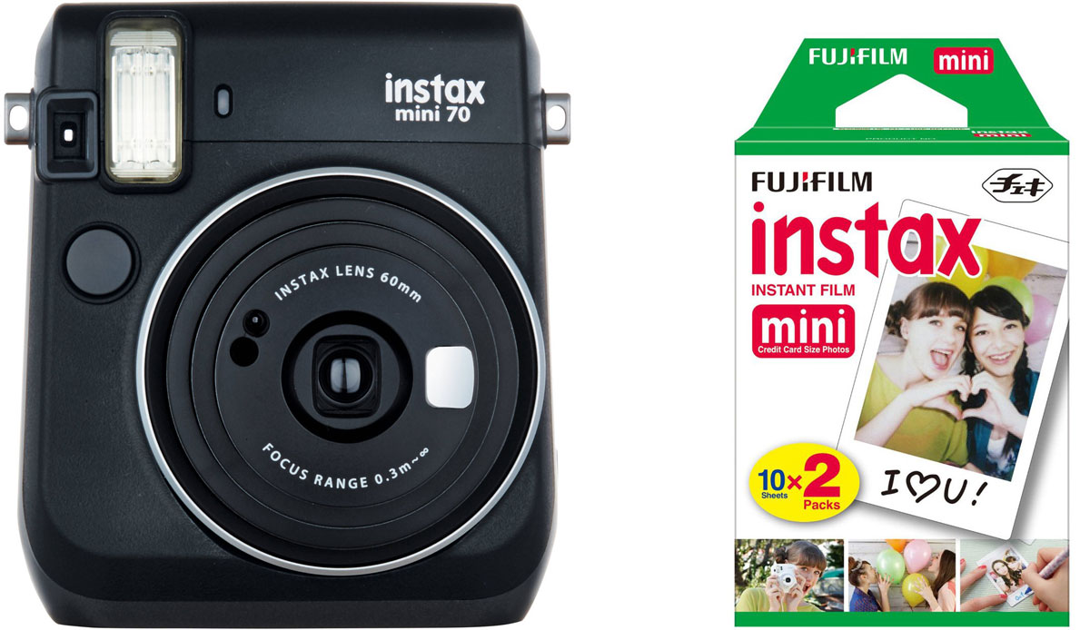 Fujifilm Instax Mini 70, Black фотокамера мгновенной печати + Colorfilm Instax Mini (10/2PK) картридж16513877 Fujifilm Instax Mini 70, Black фотокамера мгновенной печати + Colorfilm Instax Mini (10/2PK) картридж16513877С камерой Fujifilm Instax Mini 70 вы превратите серые будни в особенные дни, наполненные улыбками. Чтобы проводить время весело, всегда и везде берите с собой этот стильный фотоаппарат. Главной особенностью камеры является функция автоматического контроля экспозиции, которая позволяет запечатлеть, как объект съемки, так и фон в их естественной освещенности. Помимо этого Instax Mini 70 может похвастаться отдельным режимом съемки для создания cелфи. Использование режима selfie обеспечивает оптимальную яркость и расстояние для съемки автопортретов. Вы также можете проверить кадрирование в специальном зеркальце рядом с объективом. Высокопроизводительная вспышка автоматически определяет яркость окружающего освещения и устанавливает оптимальную выдержку - специальные настройки не требуются! С помощью функции Hi-Key можно запечатлеть яркие, красивые тона кожи. Также имеются режимы для съемки макро и пейзажей. Для максимального...