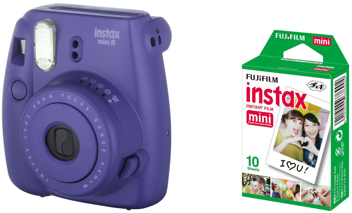 Fujifilm Instax Mini 8, Grape фотокамера мгновенной печати + Colorfilm Instax Mini Glossy (10/PK) картридж16443840 Fujifilm Instax Mini 8, Grape фотокамера мгновенной печати + Colorfilm Instax Mini Glossy (10/PK) картридж16443840Камера с технологией моментальной печати Fujifilm INSTAX Mini 8 позволяет печатать фотографии размера визитной карточки сразу после съемки. Обладая теми же конструктивными и эксплуатационными характеристиками, что и INSTAX mini 7S, INSTAX mini 8 примерно на 10% меньше mini 7S по объему корпуса. Процесс кадрирования стал проще благодаря видоискателю, который передает четкую картинку в реальном времени (даже при съемке под углом) и отличается более наглядной центральной меткой. К функциям съемки добавлен режим High-key - повышение диафрагмы на 2/3 ступени. Чтобы сделать фотографию с яркими и мягкими цветами, которые так полюбились девушкам, достаточно прокрутить диск в режим High-key. С момента своего выхода в свет в 1998 году камера INSTAX mini стала очень популярной благодаря простому управлению, остроумному дизайну и удивительному качеству снимков. Судя по тому, насколько распространен в наше время обмен цифровыми фотографиями, способов...