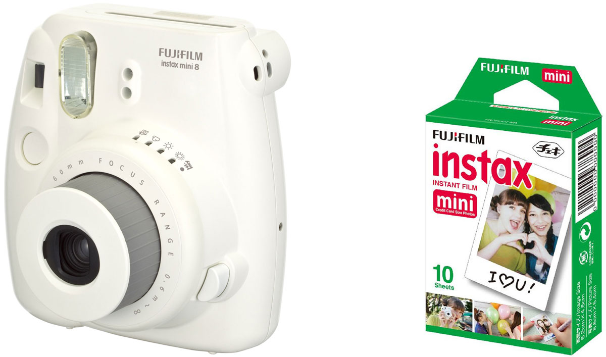 Fujifilm Instax Mini 8, White фотокамера мгновенной печати + Colorfilm Instax Mini Glossy (10/PK) картридж16443852 Fujifilm Instax Mini 8, White фотокамера мгновенной печати + Colorfilm Instax Mini Glossy (10/PK) картридж16443852Камера с технологией моментальной печати Fujifilm INSTAX Mini 8 позволяет печатать фотографии размера визитной карточки сразу после съемки. Обладая теми же конструктивными и эксплуатационными характеристиками, что и INSTAX mini 7S, INSTAX mini 8 примерно на 10% меньше mini 7S по объему корпуса. Процесс кадрирования стал проще благодаря видоискателю, который передает четкую картинку в реальном времени (даже при съемке под углом) и отличается более наглядной центральной меткой. К функциям съемки добавлен режим High-key - повышение диафрагмы на 2/3 ступени. Чтобы сделать фотографию с яркими и мягкими цветами, которые так полюбились девушкам, достаточно прокрутить диск в режим High-key. С момента своего выхода в свет в 1998 году камера INSTAX mini стала очень популярной благодаря простому управлению, остроумному дизайну и удивительному качеству снимков. Судя по тому, насколько распространен в наше время обмен цифровыми фотографиями, способов...