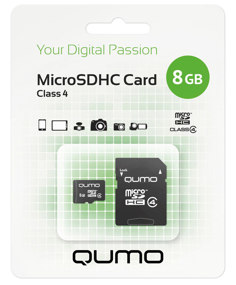 QUMO microSDHC Class 4 8GB карта памяти + адаптер6909723171544 QUMO microSDHC Class 4 8GB карта памяти + адаптер6909723171544Карта памяти QUMO microSDHC Class 4 позволяет осуществлять расширение памяти цифровых плееров, цифровых фотоаппаратов и видеокамер, коммуникаторов, смартфонов, интернет планшетов и других совместимых устройств. Карты памяти Qumo являются качественным решением для хранения и переноса различного рода информации, такой как, музыкальный файлы, фотографии, электронные документы и другие важные для вас файлы. Внимание: перед оформлением заказа, убедитесь в поддержке вашим электронным устройством карт памяти данного объема.