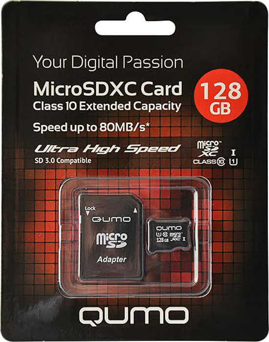 QUMO microSDXC Сlass 10 UHS-I 128GB карта памяти + адаптер SD 3.06909723205850 QUMO microSDXC Сlass 10 UHS-I 128GB карта памяти + адаптер SD 3.06909723205850Скоростная карта памяти Qumo microSDXC Class 10 UHS-I позволяет осуществлять расширение памяти цифровых плееров, цифровых фотоаппаратов и видеокамер, коммуникаторов, смартфонов, интернет планшетов и других совместимых устройств. Class 10 в сочетании с UHS-I (Ultra High Speed) обеспечивают сверхвысокую скорость чтения/записи. Кроме того, карты памяти Qumo являются качественным решением для хранения и переноса различного рода информации, такой как, музыкальный файлы, фотографии, электронные документы и другие важные для вас файлы. Внимание: перед оформлением заказа убедитесь в поддержке вашим электронным устройством карт памяти данного объема.