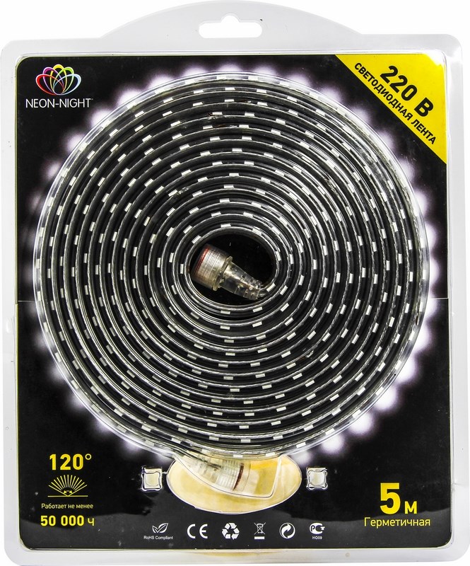 Лента светодиодная Neon-Night, влагозащищенная, 60 LED/метр, SMD 5050, цвет: белый, 5 м142-105-05 Лента светодиодная Neon-Night, влагозащищенная, 60 LED/метр, SMD 5050, цвет: белый, 5 м142-105-05Светодиодная лента 220В повышенной яркости представляет собой гибкую PCB панель, напоминающую тончайшую ленту, на которую нанесены светодиоды SMD5050. PCB панель со всех сторон обволакивает прозрачная герметичная изоляция, благодаря которой лента защищена от механических повреждений и может работать находясь под тяжелым воздействием окружающей среды. Удобная намотка 5 метров в блистерной упаковке подходит для интерьерной подсветки и экономит время, теперь не нужно тратить много времени на долгие замеры, изучение сложных инструкций, достаточно просто установить в необходимое место ленту и подключить кабель питания к специальному разъему. Если требуется длина более пяти метров, то можно соединить несколько лент вместе с помощью разъемов, находящихся на концах ленты. Благодаря тому что ленту можно резать кратно метру, не возникнет сложности в подборе нужной длины, заглушка для изоляции отрезанного конца уже идет в комплекте. Использование светодиодов, наиболее долговечных источников...