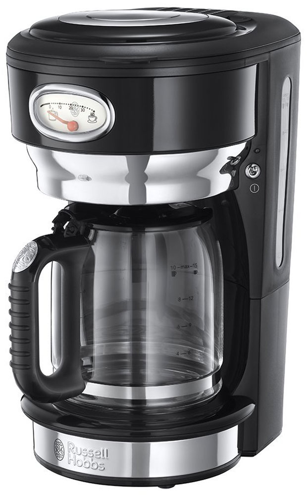 Russell Hobbs Retro 21701-56, Classic Noir кофеварка21701-56 Russell Hobbs Retro 21701-56, Classic Noir кофеварка21701-56Потрясающий дизайн кофеварки Russell Hobbs Retro 21701-56 станет особо любимым предметом на кухне ценителей кофе. Несмотря на винтажную внешность, эта модель оснащена всеми современными технологиями для качественного приготовления настоящего кофе с превосходным вкусом. В кофеварке используется усовершенствованная система заваривания кофе для улучшенной экстракции кофеина и аромата. Вода впрыскивается в резервуар с молотым кофе через несколько отверстий, в виде душа, полностью пропитывая весь объем кофе, что обеспечивает эффективное заваривание и как результат кофе получается с насыщенным вкусом и ароматом. Функция подогрева готового кофе позволит вам насладиться второй или даже третьей чашечкой любимого горячего напитка. Чтобы кофе был сбалансирован по вкусу, необходимо соблюдать правильную пропорцию, для этого в комплекте есть мерная ложечка на идеальную порцию кофе. Насыпайте в фильтр столько ложек кофе, сколько порций вы хотите приготовить. ...