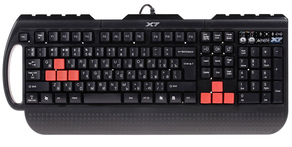 Игровая клавиатура A4Tech X7-G700, Black82087 Игровая клавиатура A4Tech X7-G700, Black82087Игровая клавиатура A4Tech X7-G700 продолжает лучшие традиции игровых клавиатур X7. Как и ее предшественники, модель обладает уникальными игровыми свойствами. Она имеет четыре скоростных режима, сверхбыстрое время отклика и укомплектована сменными игровыми клавишами. Модель имеет четыре скоростных режима: Обычный, Ускоренный, Турбо и Экстрим. Скоростной режим клавиатуры можно менять прямо в процессе игры. Время отклика в режиме Экстрим в три раза меньше, чем у обычной клавиатуры: всего 7,92 миллисекунды. Переключение режимов не требует установки дополнительных драйверов и регулируется клавишей переключения скорости. Каждый из четырех скоростных режимов имеет цветовую индикацию. Клавиша смены управления позволяет одним нажатием переключить управление движением с курсорных клавиш (для игры) на клавиши W, A, S, D (для работы за компьютером) и обратно. Также можно по желанию менять расположение клавиш Ctr и Caps Lock. ...