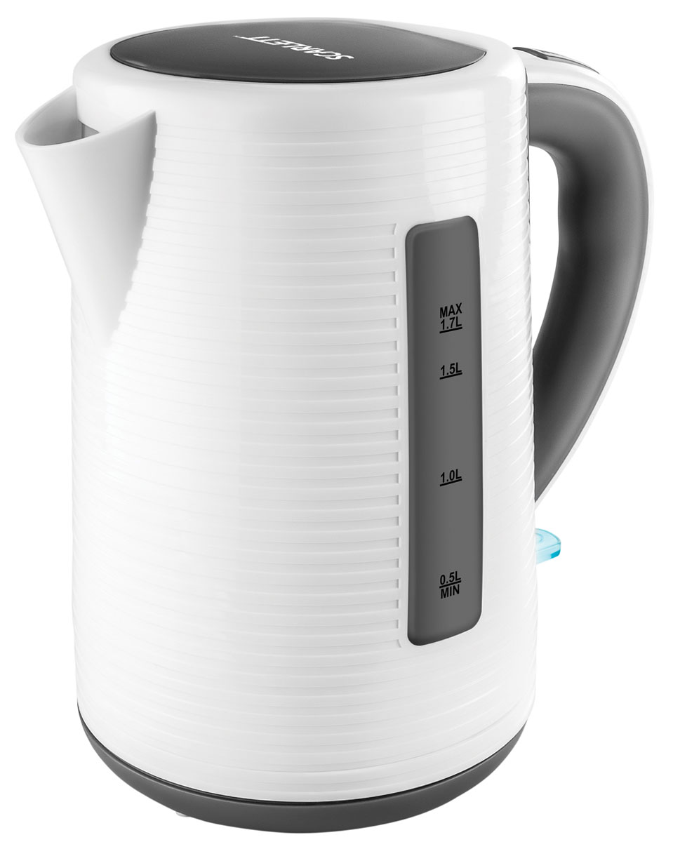 Scarlett SC-EK18P10, White Grey чайник электрическийSC-EK18P10 Scarlett SC-EK18P10, White Grey чайник электрическийSC-EK18P10Современный электрический чайник Scarlett SC-EK18P10 из высококачественной пластмассы позволит быстро вскипятить нужное количество воды. Модель удобна в использовании, имеет большие окна с двусторонним индикатором для проверки уровня воды и подсветку кнопки включения, которая сигнализирует о работе чайника.