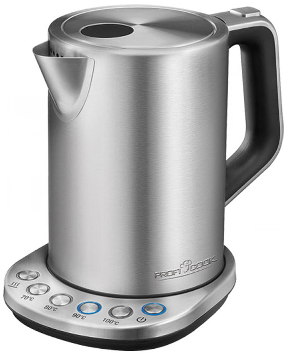 Profi Cook PC-WKS 1108 чайникPC-WKS 1108 Profi Cook PC-WKS 1108 чайникPC-WKS 1108Стильный чайник Profi Cook PC-WKS 1108 в корпусе из высококачественной нержавеющей стали. Он не только станет вашим главным помощником на кухне, но и украсит ее. Скрытый нагревательный элемент устройства выполнен из нержавеющей стали, что гарантирует его надежность и долговечность. Чайник очень удобно использовать благодаря круглой подставке (на ней прибор можно поворачивать на 360°). Благодаря мощности в 3000 Вт чайник за считанные минуты вскипятит воду. Регулировка температуры позволяет выбрать оптимальную температуры нагрева воды 70°C, 80°C, 90°C или 100°С, также чайник имеет функцию поддержания температуры воды.