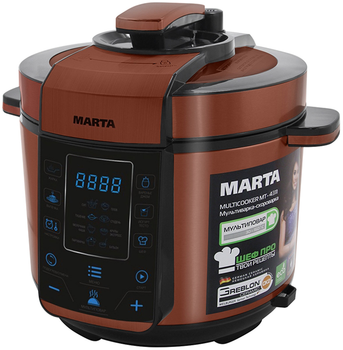 Marta MT-4311, Black Red мультиваркаMT-4311 Marta MT-4311, Black Red мультиваркаMT-4311MARTA представляет новую уникальную мультиварку-скороварку, обладающую совершенным дизайном и всеми возможными функциями. Это настоящий прибор 2 в 1 - мультиварка и скороварка! Он позволяет готовить с давлением и без давления. МАRТА МТ-4311 комплектуется толстостенной чашей с немецким керамическим покрытием GREBLON CK2. Главной особенностью модели МАRТА МТ-4311 является то, что это универсальное устройство, которое совмещает функции мультиварки и скороварки. В ней есть программы, которые используют технологию приготовления пищи под давлением, а есть программы, присущие простым мультиваркам, в которых приготовление происходит без давления. Ваше блюдо никогда не подгорит, сохранит свой вкус, аромат и витамины. Сенсорное управление позволит с легкостью управляться 30 программами приготовления, из которых 14 - полностью автоматическая: 9 работают в режиме скороварки, а 5 - в режиме мультиварки. Остальные 16 программ настраиваются вручную. А для полного...