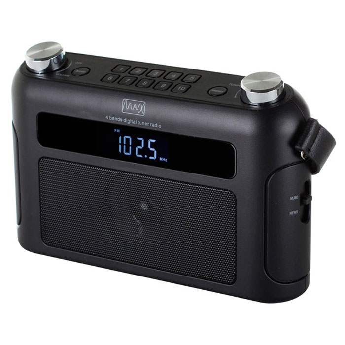 MAX MR-310Т, Black портативный радиоприемник4630011250567 MAX MR-310Т, Black портативный радиоприемник4630011250567Радиоприёмник MAX MR-310T оснащен тюнером, который работает с радиостанциями частотных диапазонов FM, SW, MW и LW. Настройка на радиостанцию осуществляется с помощью цифровой шкалы. Модель может работать в зоне неустойчивого приёма FM сигнала. Этот радиоприёмник укомплектован телескопической антенной, улучшающей качество транслируемого сигнала. Тюнер настраивается вручную или в автоматическом режиме. При этом в память приёмника можно записать до 40 понравившихся станций, по 10 на каждый диапазон от FM до LW. Тип батарей: LR-14