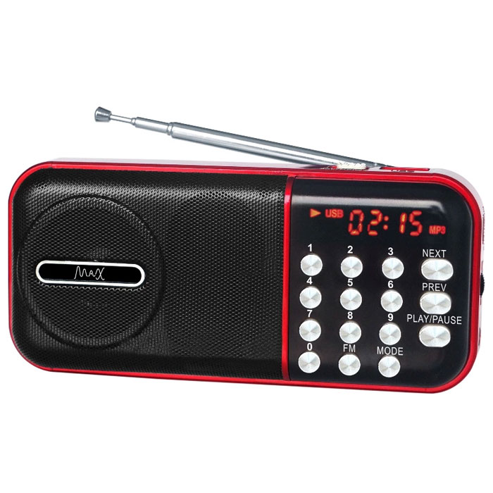 MAX MR-321, Red Black портативный радиоприемник с MP34630011250949 MAX MR-321, Red Black портативный радиоприемник с MP34630011250949MAX MR-321 портативный радиоприемник, который воспроизводит станции FM-диапазона и аудиофайлы с карт памяти и флешек. Slim дизайн Красный LED дисплей FM радио Сменный аккумулятор (BL-5С) Время воспроизведения: до 6 часов
