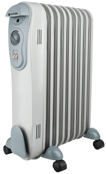 Vitek VT-2122(GY) радиаторVT-2122(GY) Vitek VT-2122(GY) радиаторVT-2122(GY)Масляный радиатор Vitek VT-2122(GY) имеет классический тип секций и элегантный дизайн. Колесики предназначены для удобного перемещения обогревателя. Радиатор оборудован устройством для намотки сетевого шнура и имеет три ступени мощности нагрева, встроенный регулируемый термостат. Vitek VT-2122(GY)снабжен механизмом защиты от перегрева и замерзания.