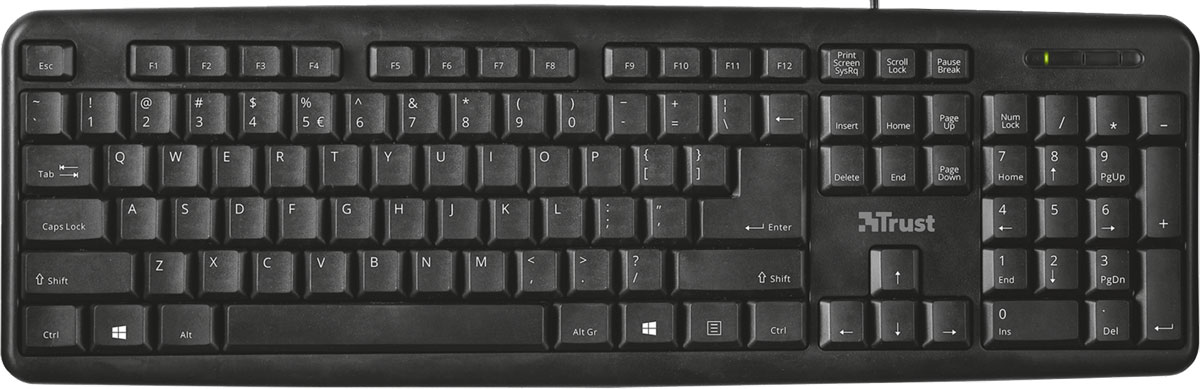 Trust Ziva Keyboard Ru, Black клавиатура21655 Trust Ziva Keyboard Ru, Black клавиатура21655Полноразмерная клавиатура Trust Ziva Keyboard Ru с классическим расположением клавиш для удобного набора текста и надежным мембранным механизмом. Удобный и бесшумный набор текста. Влагоотталкивающая конструкция продлевает срок службы клавиатуры. Угол наклона регулируется с помощью ножек. Для работы не нужны драйверы, просто подключите клавиатуру к компьютеру.