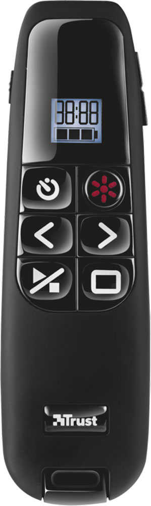 Trust Elcee Wireless Presenter, Black пульт для презентаций20909 Trust Elcee Wireless Presenter, Black пульт для презентаций20909Беспроводной пульт Trust Elcee Wireless Presenter для проведения презентаций, оснащенный удобными элементами управления и лазерной указкой с красным лучом. Благодаря эргономичной форме устройство удобно держать в руке. Пульт оснащен ЖК-дисплеем, который позволяет контролировать время проведения презентации, а также показывает заряд батареи. Устройство работает на частоте 2,4 ГГц, что позволяет оценить свободу перемещений и возможность более плотной работы с аудиторией, усиливающие впечатление от презентации. После работы беспроводной приемник можно убрать внутрь корпуса устройства.