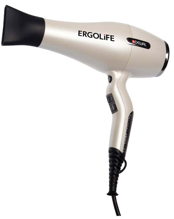 Dewal 03-001 ErgoLife, White фен03-001 White Dewal 03-001 ErgoLife, White фен03-001 WhiteПрофессиональный фен Dewal 03-001 Ergolife выполнен в жемчужно-белом цвете с покрытием Soft Touch. Индивидуальный стиль фена подчеркивают змеиная вставка на ручке и металлические элементы на корпусе. Особенность фена Ergolife - улучшенная эргономика благодаря изогнутой форме ручки. Она создает идеальную сбалансированность, фен очень удобно держать в руках. Кнопки переключения температурных режимов находятся спереди, что дает дополнительное удобство во время работы. Мощный мотор - до 8 часов непрерывной работы; Высокая скорость воздушного потока. Корпус фена разработан с учетом оптимизации расхода воздуха; Защита от перегрева Stop-heat. Защитный механизм на нагревательном элементе фена охлаждает корпус , сохраняет мотор, защищая его от перегрева, а также поддерживает оптимальную температуру для волос.