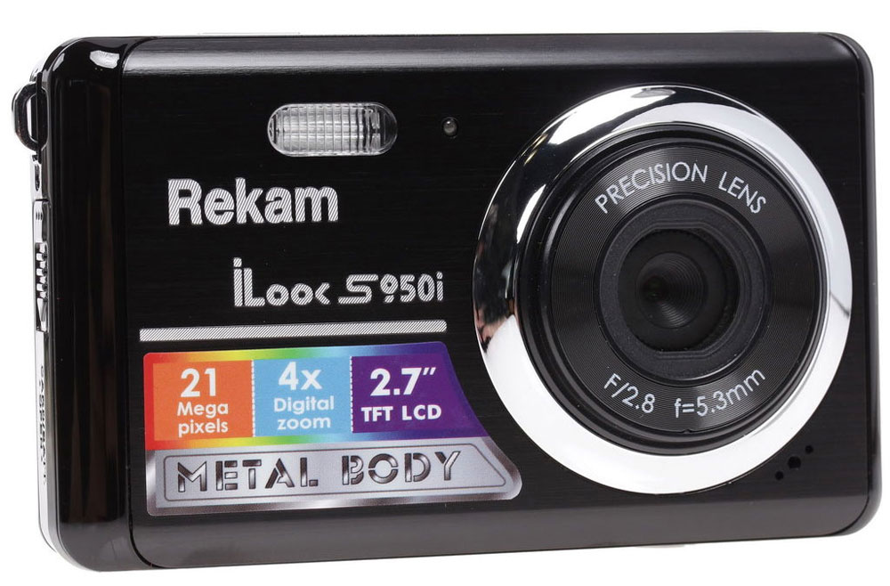 Rekam iLook S950i, Black цифровая фотокамера1108005095 Rekam iLook S950i, Black цифровая фотокамера1108005095Rekam iLook S950i - легкая и компактная камера, с плавными формами корпуса, которая легко умещается в карман или небольшую сумку. Благодаря разрешению 21 мегапикселей и 4-х кратному цифровому увеличению вы сможете в любой момент получить яркие и четкие фотографии. Автоматический режим позволяет делать отличные фотографии при любых условиях съёмки. А благодаря специальным настройкам для солнечной, пасмурной погоды и съёмки при искусственном освещении, вы сможете почувствовать себя настоящим мастером фотосъёмки. Кроме фотосъёмки, на камеру можно снимать видеоролики со звуком в разрешении HD. Данная модель поддерживает карты памяти до 32 ГБ, что даёт возможность не заботится об экономии места.