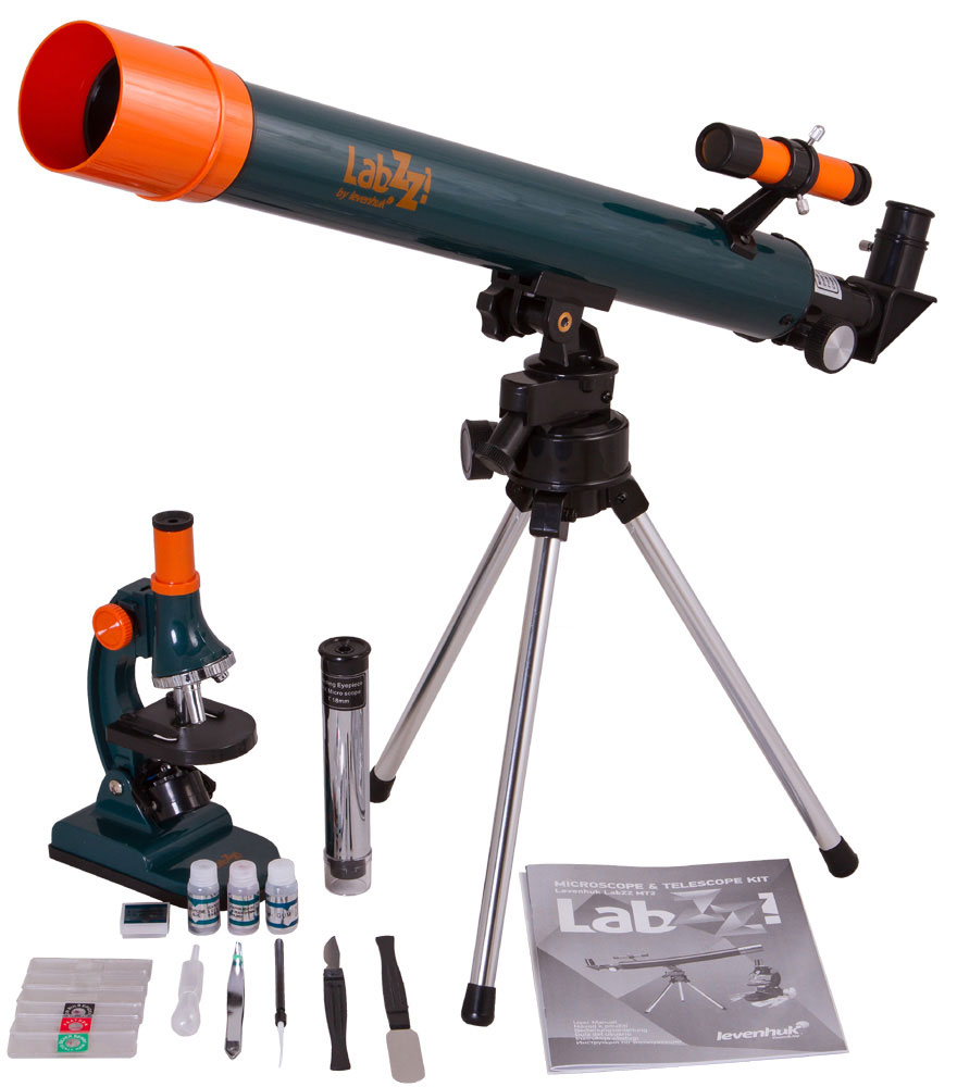 Levenhuk LabZZ MT2, Blue телескоп + микроскопTelescope + Microscope LabZZ set_зеленый Levenhuk LabZZ MT2, Blue телескоп + микроскопTelescope + Microscope LabZZ set_зеленыйНабор Levenhuk LabZZ MT2 – идеальный подарок для любознательного ребенка! В набор входит небольшой удобный телескоп и простой в управлении микроскоп, с которыми познавать окружающий мир будет еще интереснее. Глядя в микроскоп, юный исследователь узнает, как устроены привычные окружающие предметы, а наблюдения в телескоп помогут ему прикоснуться к тайнам космоса. Набор прекрасно подходит для дошкольников и младших школьников. Компактный азимутальный телескоп Телескоп отличается небольшими размерами и очень простым управлением – это идеальная модель для первых астрономических наблюдений. Диаметр объектива составляет 50 мм – в телескоп можно не только изучать небесные тела, но и следить за наземными объектами. Модель поставляется с двумя окулярами. Окуляр H12,5 мм (50x) нужен для наблюдения за астрономическими объектами – с ним наблюдают Луну, планеты и звезды. Чтобы рассмотреть далекие наземные объекты, используется окуляр 18 мм (35x). Этот окуляр...