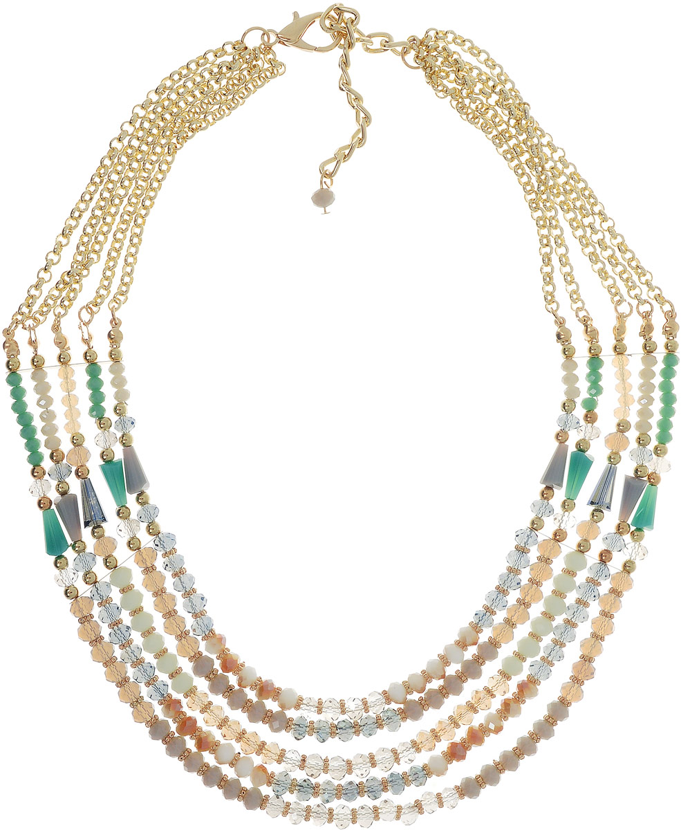 Колье Taya, цвет: золотистый, мультиколор. T-B-11772T-B-11772-NECK-MULTI Колье Taya, цвет: золотистый, мультиколор. T-B-11772T-B-11772-NECK-MULTIСтильное колье Taya изготовлено из гипоаллергенного бижутерного и пластика. Колье выполнено в виде пяти рядов бус, соединенных между собой металлическими пластинами. Верх бус дополнен цепочками. Колье имеет надежную застежку-карабин с регулирующей длину цепочкой. Такое колье позволит вам с легкостью воплотить самую смелую фантазию и создать собственный, неповторимый образ.