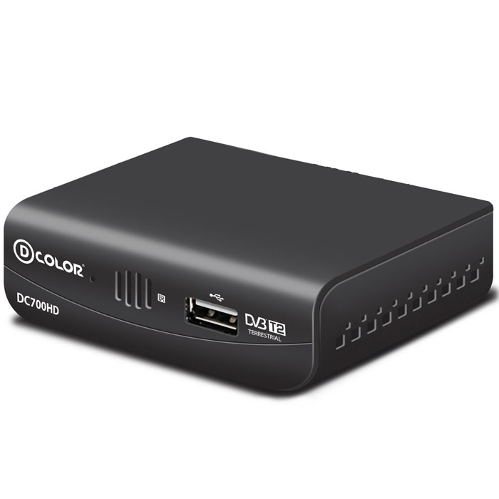 D-Color DC700HD DVB-T2 цифровой ТВ-тюнер4603725280755 D-Color DC700HD DVB-T2 цифровой ТВ-тюнер4603725280755Цифровой ТВ-тюнер D-Color DC700HD отвечает всем самым современным требованиям к цифровым ресиверам. Новейшее ПО и качественные комплектующие позволяют передавать четкую, яркую, сочную картинку даже в самых отдаленных регионах России. Процессор: MSD 7T01 Тюнер: R836 Тип корпуса: пластик Диапазон принимаемых частот: 170-230 MГц, 470-860 MГц