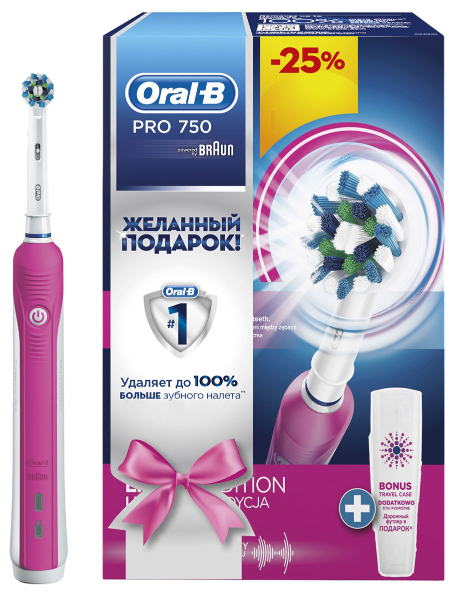 Oral-B Pro 750 Cross Action, Pink электрическая зубная щетка81606327 Oral-B Pro 750 Cross Action, Pink электрическая зубная щетка81606327До 100% больше удаления налета с 3D технологией (по сравнению с обычной зубной щеткой). - Клинически доказано, что электрическая зубная щетка Oral-B PRO 750 удаляет до двух раз больше зубного налета, чем мануальная зубная щетка. - Ограниченная подарочная серия в розовом дизайне. - Благодаря профессионально разработанному дизайну насадки Cross Action, щетинки, расположенные под углом 16?, окружают каждый зуб, бережно удаляя налет даже из труднодоступных мест. - 3D технология чистки совмещает возвратно-вращательные движения с пульсацией: пульсирующие движения бережно разрыхляют зубной налет, а возвратно-вращательные движения выметают его и массируют десны. - Основанный в 1950 году в Калифорнии, бренд Oral-B предоставляет превосходные продукты для ухода за полостью рта. Совместно с Braun Oral-B производит в Германии электрические зубные щетки на протяжении более 50 лет, постоянно совершенствуя свои технологии. - Активные движения щетки...