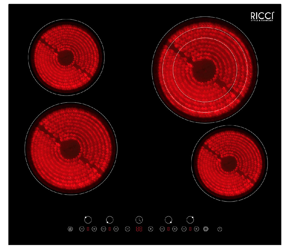 Ricci RCH-6502, Black варочная панель72 RCH-6502 Ricci RCH-6502, Black варочная панель72 RCH-6502Ricci RCH-6502 - стильная и надежная инфракрасная варочная поверхность с сенсорным управлением, тремя зонами нагрева и 9 уровнями мощности. Данная модель оснащена всеми современными функциями, такими как таймер, блокировка от детей, автоматическое отключение и защитой от перегрева. Дизайн панели отлично впишется в любую современную кухню. Мощность конфорок: 2 зоны 1200 Вт + 1 зона 800/1600/2300 Вт + 1 зона 1800 Вт Диаметр конфорок: 165 мм; 200 мм; 230 мм; 165 мм