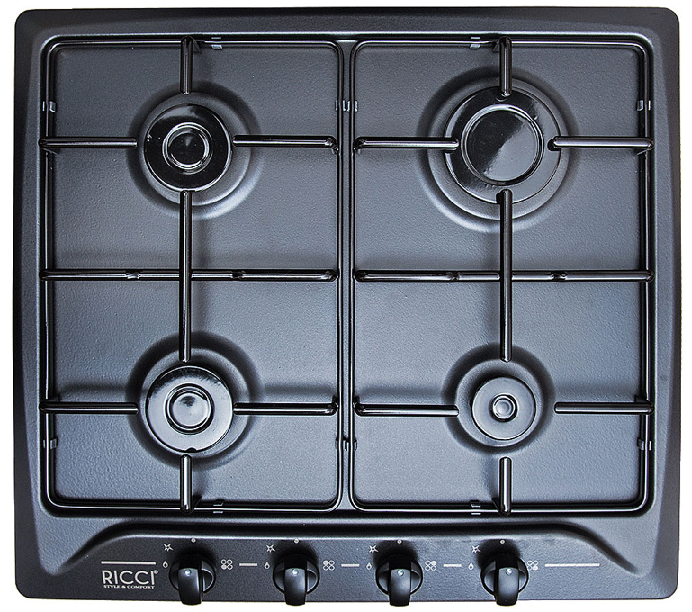 Ricci RGN-610BL, Black варочная панель37 RGN-610BL Ricci RGN-610BL, Black варочная панель37 RGN-610BLRicci RGN-610BL - надежная варочная панель с прочными металлическими решетками и эмалированной поверхностью. Она оснащена четырьмя удобными конфорками. Панель также имеет простое механическое управление с электроподжигом. Мощность конфорок: 1х1,75 кВт + 3х1 кВт