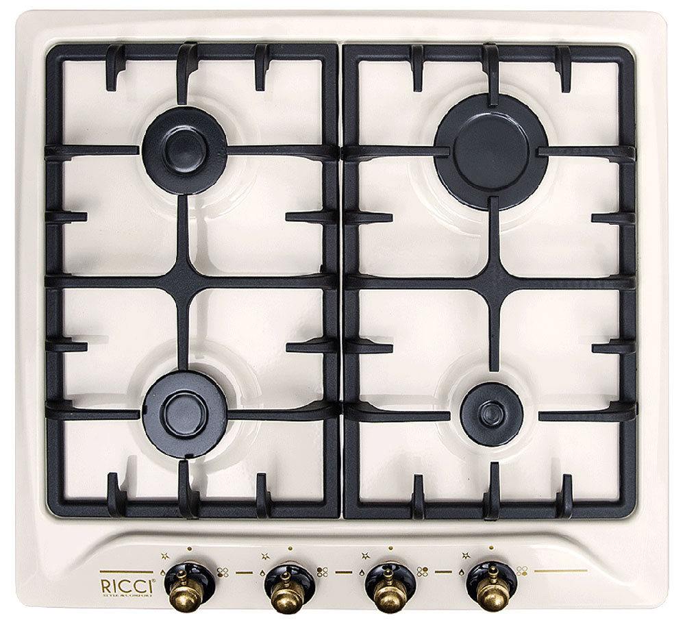 Ricci RGN-620BG, Beige варочная панель37 RGN-620BG Ricci RGN-620BG, Beige варочная панель37 RGN-620BGRicci RGN-620BG - надежная варочная панель с прочными металлическими решетками и эмалированной поверхностью. Она оснащена четырьмя удобными конфорками. Панель также имеет простое механическое управление с электроподжигом. Мощность конфорок: 1х1,75 кВт + 3х1 кВт Материал ручек: латунь