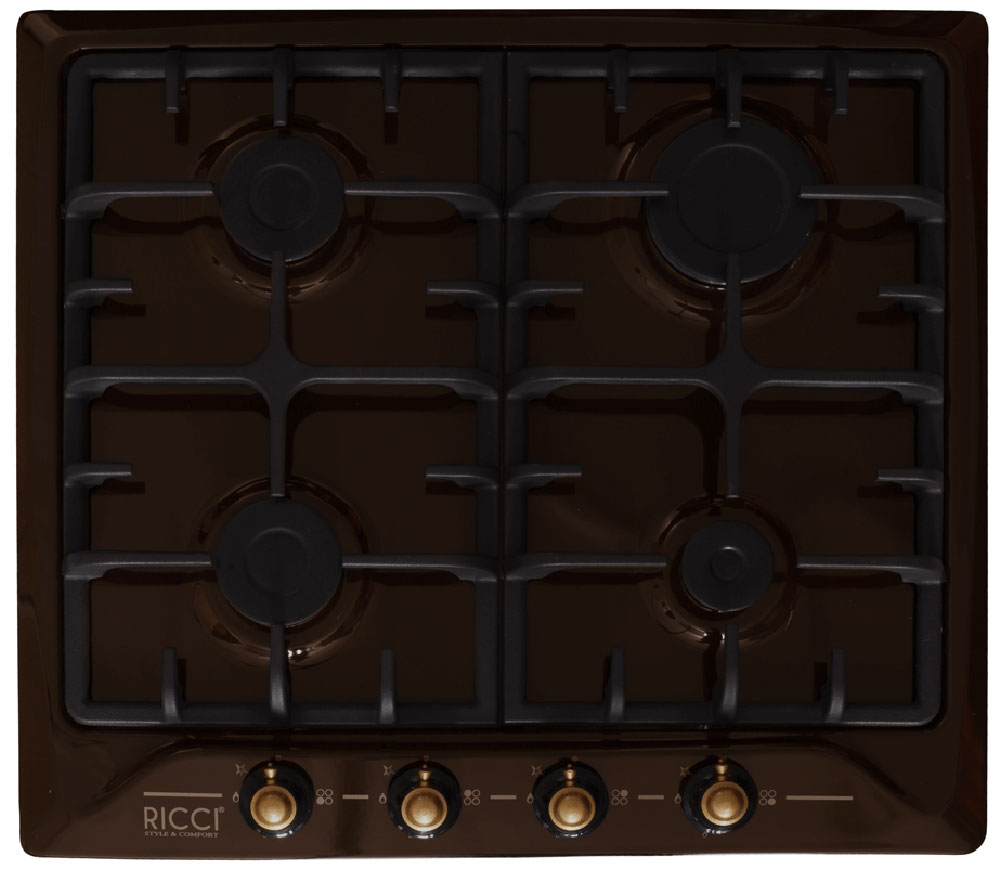 Ricci RGN-620BR, Brown варочная панель37 RGN-620BR Ricci RGN-620BR, Brown варочная панель37 RGN-620BRRicci RGN-620BR - надежная варочная панель с прочными металлическими решетками и эмалированной поверхностью. Она оснащена четырьмя удобными конфорками. Панель также имеет простое механическое управление с электроподжигом. Мощность конфорок: 1х1,75 кВт + 3х1 кВт Материал ручек: латунь