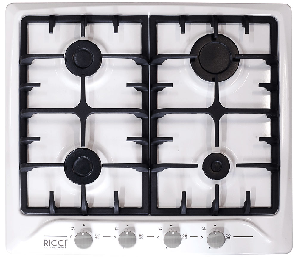 Ricci RGN-640WH, White варочная панель37 RGN-640WH Ricci RGN-640WH, White варочная панель37 RGN-640WHRicci RGN-640WH - надежная варочная панель с прочными чугунными решетками и эмалированной поверхностью. Она оснащена четырьмя удобными конфорками. Панель также имеет простое механическое управление с электроподжигом. Мощность конфорок: 1х1,75 кВт + 3х1 кВт