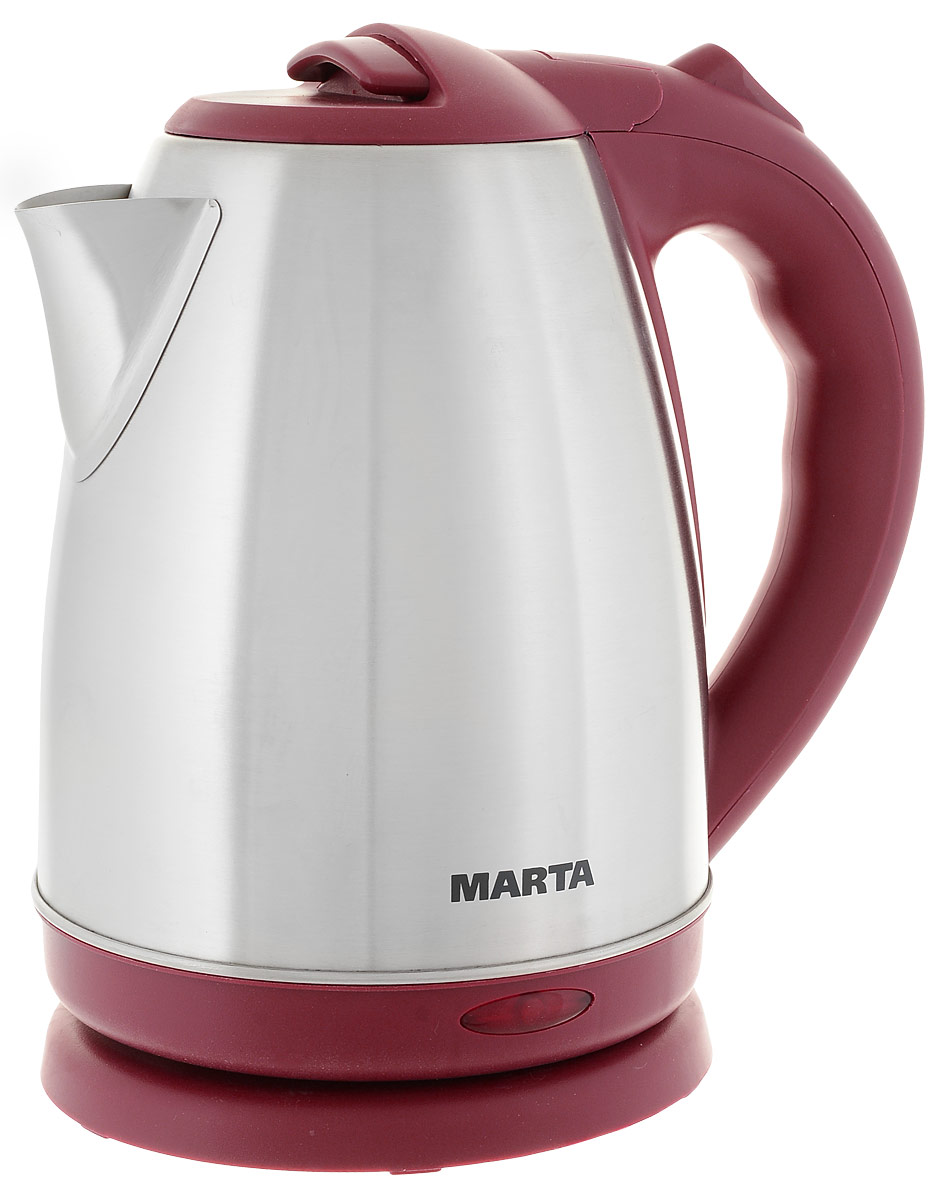 Marta MT-1083, Red чайник электрическийMT-1083 Marta MT-1083, Red чайник электрическийMT-1083Мощный металлический чайник Marta MT-1083 для использования в любых условиях. Корпус чайника изготовлен из высококачественной экологически чистой нержавеющей стали с антибактериальным эффектом и сохраняет все натуральные свойства воды. Плоское дно внутри чайника очень функционально - легко моется, противостоит накипи, не ржавеет, не корродирует, а значит, обеспечивает максимально долгий срок службы чайника. Крайне важная и быстро ставшая привычной функция, обеспечивающая исключительное удобство и безопасность на любой кухне. Чайник можно снимать и ставить на базу с любой стороны без каких-либо усилий и риска обжечься. Автоматическое отключение при закипании или недостаточном количестве воды обезопасит чайник от преждевременного выхода из строя.