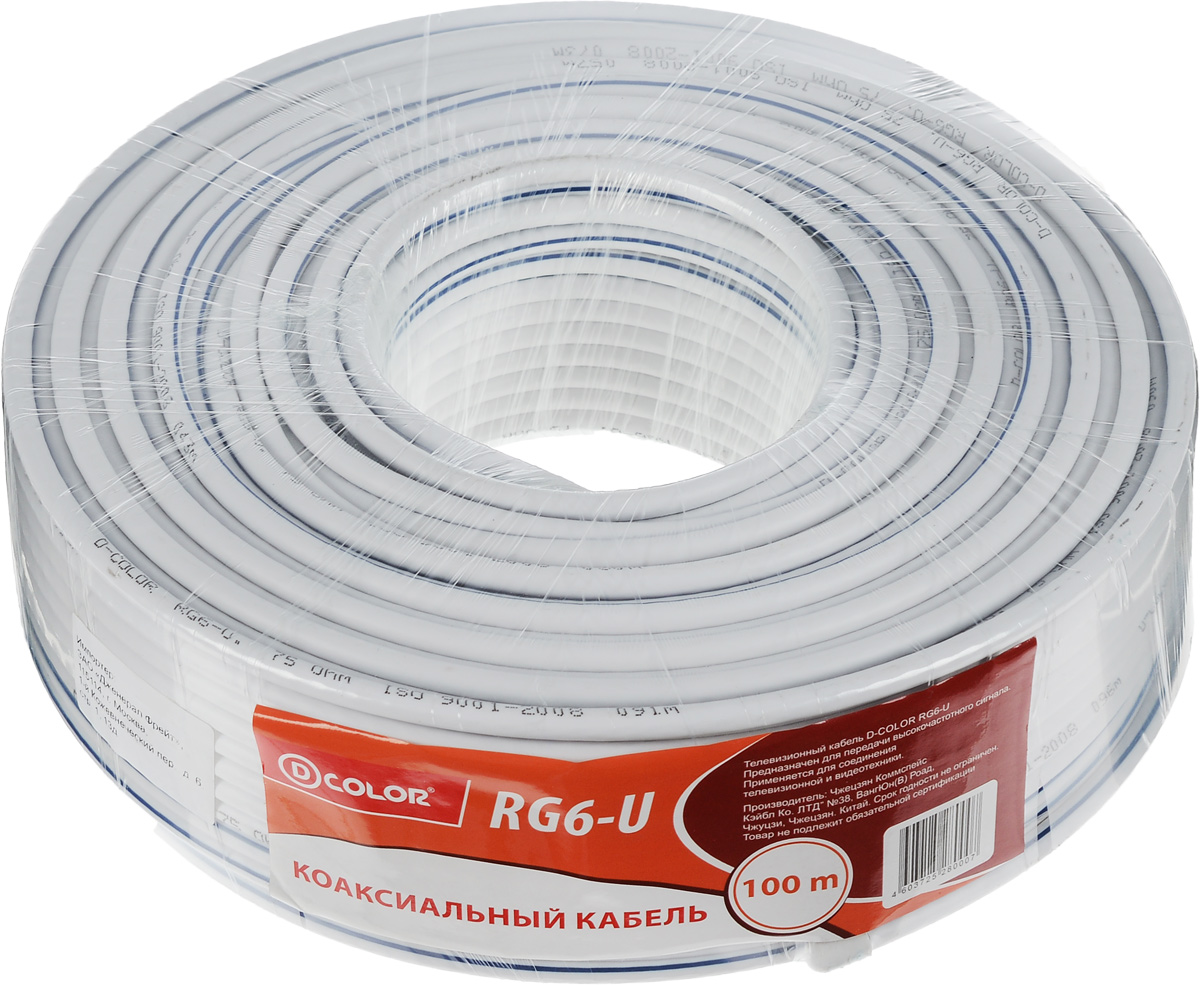 D-Color RG6-U кабель коаксиальный4603725280007 D-Color RG6-U кабель коаксиальный4603725280007Телевизионный кабель D-Color RG6-U – самое распространенное решение для подключения телевизионных и спутниковых систем. Наилучшее применение - прокладка внутри помещений. Структурно кабель состоит из двух проводников, расположенных соосно и разделенных изолирующим диэлектриком. Центральная жила состоит из омедненной стали диаметром 1,02 мм. Окружена изоляцией из вспененного полиэтилена. Алюминиевый экран имеет дополнительную оплетку, состоящую из 48 алюминиевых жил диаметром 0,12 мм каждая, что обеспечивает электрическую непрерывность. Внешняя оболочка изготовлена из ПВХ белого цвета с разметкой метража. Волновое сопротивление составляет 75 Ом. Количество жил: 48 Диаметр центральной жилы: 1,02 мм Экран: алюминиевая фольга Оплетка: алюминий