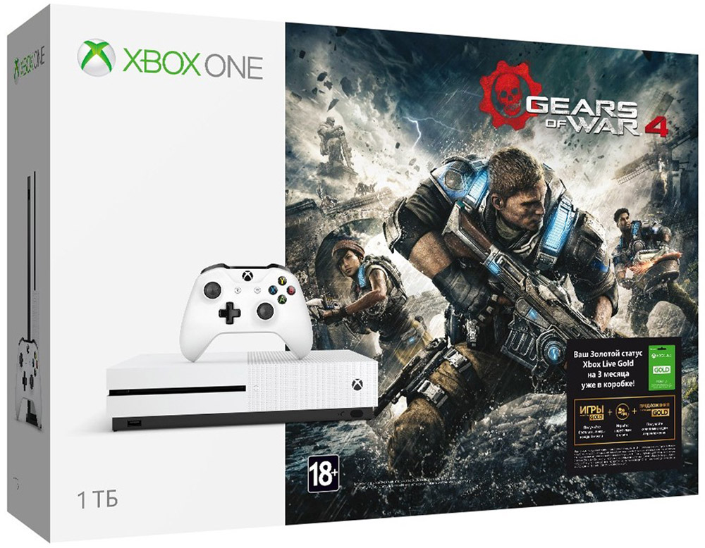 Игровая приставка Xbox One S 1 ТБ + Gears of War 4234-00013 Игровая приставка Xbox One S 1 ТБ + Gears of War 4234-00013Игровая приставка Xbox One S - единственная консоль с 4K-плеером Blu-Ray, потоковым видео с разрешением 4K и функцией расширенного динамического диапазона (HDR). Играйте в лучшую линейку игр, включая классические игры с Xbox 360, на консоли, которая компактнее на 40%. Не обманывайтесь ее размером, благодаря встроенному блоку питания и жесткому диску емкостью до 1 ТБ консоль Xbox One S - самая продвинутая из всех Xbox на сегодняшний день! Наслаждайтесь более насыщенными и яркими цветами в таких играх, как Gears of War 4 и Forza Horizon 3. Технология расширенного динамического диапазона повышает контраст между светлыми и темными участками изображения, представляя игры во всем их великолепии! Разрешение 4K Ultra HD в четыре раза превышает стандартное разрешение HD, обеспечивая максимально четкое и реалистичное отображение. Смотрите потоковое видео в формате 4k из Netflix и Amazon Video, а также фильмы на дисках Ultra HD...
