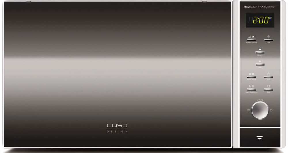 CASO MG 25 Ceramic Menu СВЧ-печьMG 25 Ceramic Menu CASO MG 25 Ceramic Menu СВЧ-печьMG 25 Ceramic MenuCASO MG 25 Ceramic Menu - стильная СВЧ-печь в оригинальном черном корпусе с серебристыми элементами. Зеркальная передняя панель подчеркивает изящество дизайна. Ровное керамическое дно очень легко моется и дает больше места для прямоугольных форм при готовке. Отражатель микроволн равномерно распределяет микроволны, блюдо отлично готовится со всех сторон. Данная модель имеет внутреннее освещение и удобное электронное управление для максимально комфортной эксплуатации. Множество автоматических программ, а также таймер со звуковым сигналом также поможет быстро и просто приготовить то или иное блюдо. Автоматических программ: 10 Возможность отключения звукового сигнала Таймер: 95 мин