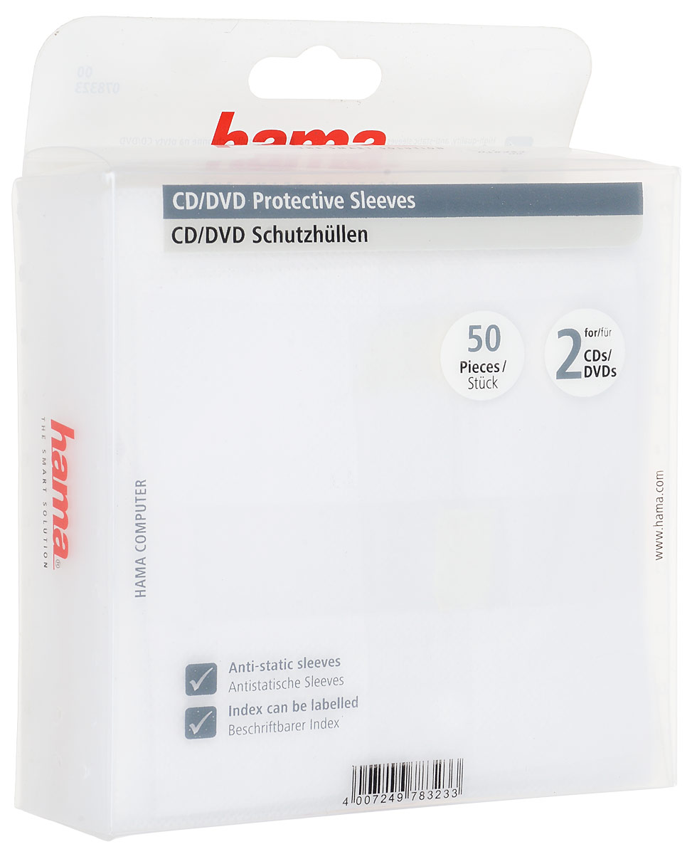 Конверты для 2 CD/DVD Hama H-78323, White78323 Конверты для 2 CD/DVD Hama H-78323, White78323Конверты Hama H-78323 защитят диски от повреждений, пыли и влаги. В комплекте 50 конвертов, каждый из которых рассчитан на 2 диска.